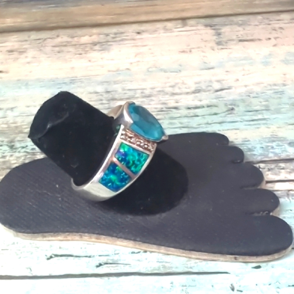 🦋Vintage Sterling Silver Pear-Cut Blue Topaz & Opal inlay - Picture 4 of 7